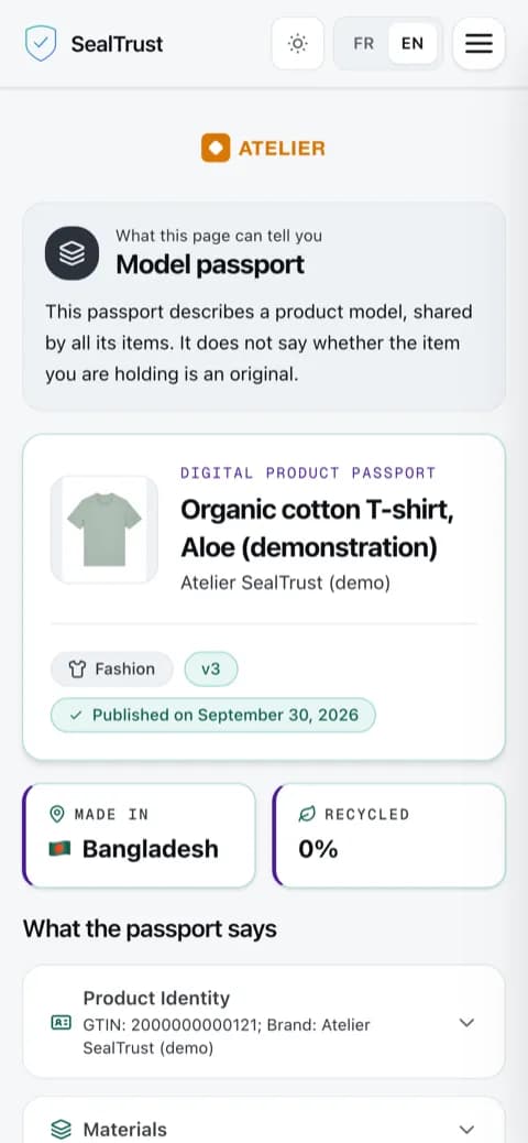 Phone screenshot of the public passport of an organic cotton T-shirt, colour Aloe, from the demo brand Atelier SealTrust: verdict "Model passport", photo, made in Bangladesh, 0% recycled fibre.