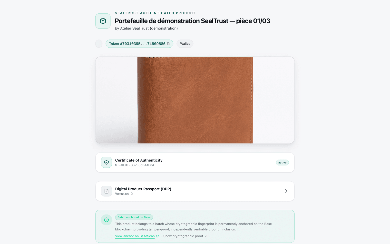 La page d'un produit authentifié